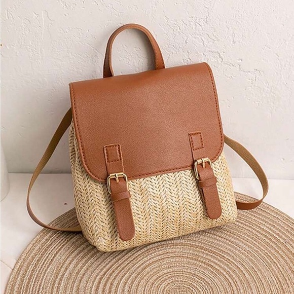 Boho Vegan Leather Straw Mini Backpack Pink